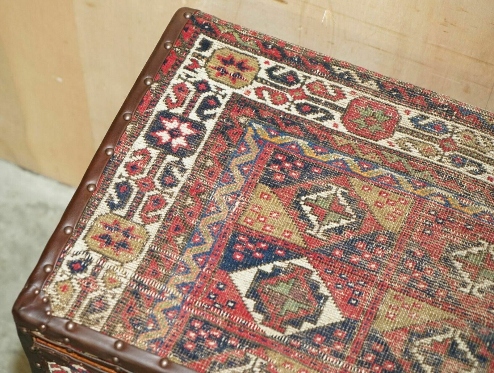 photo buy Vintage Kilim & Brown Leather Chest Of Drawers Finished With Antique Pin Nails