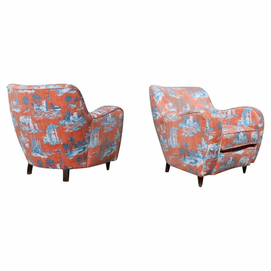Mid Century Italian Pair Armchairs Palolo Buffa Design Fornasetti Style Printed