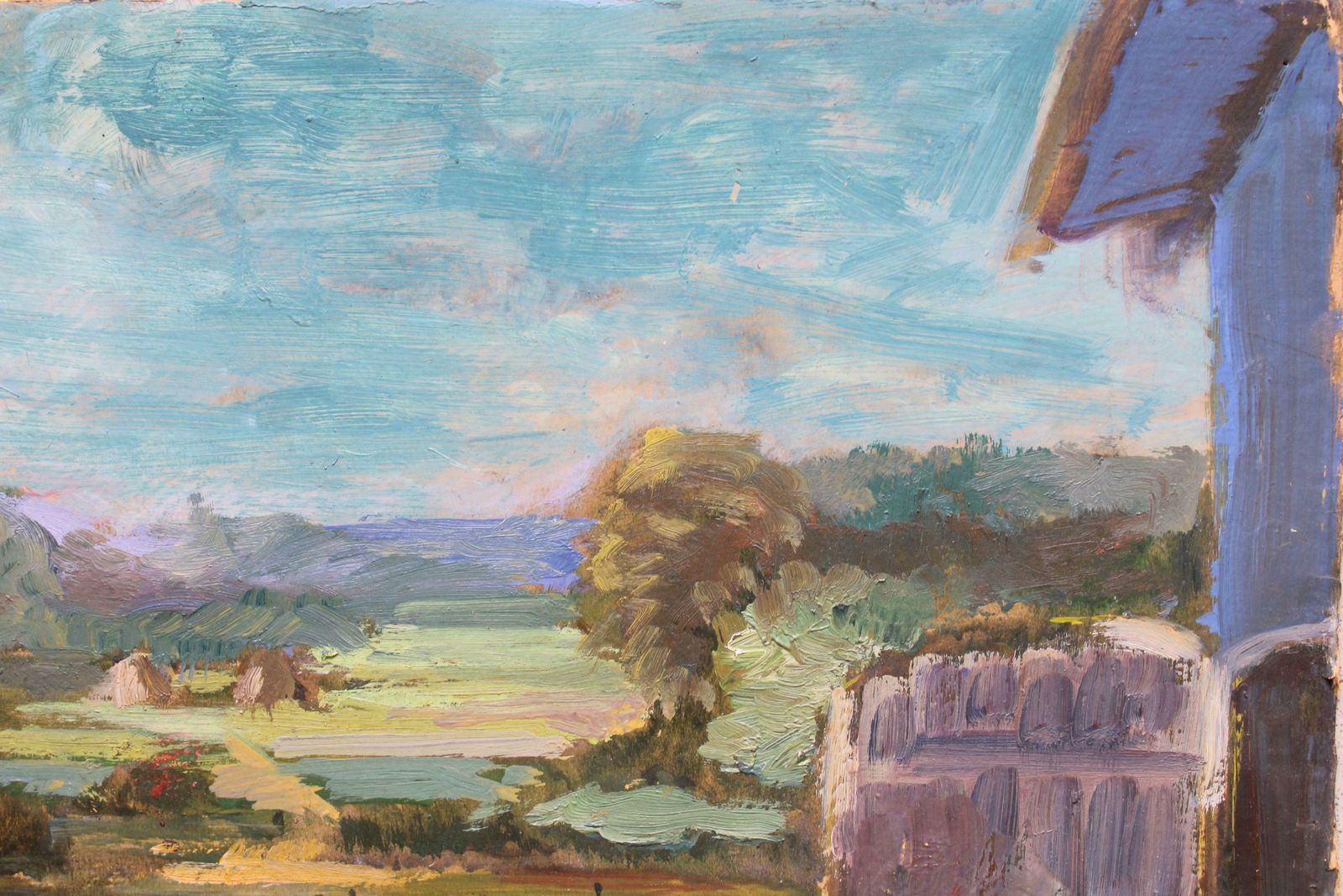 Aleksandra Belcova Behind The Barn 1950s. Oil On Cardboard. Circa 1950 photo furniture