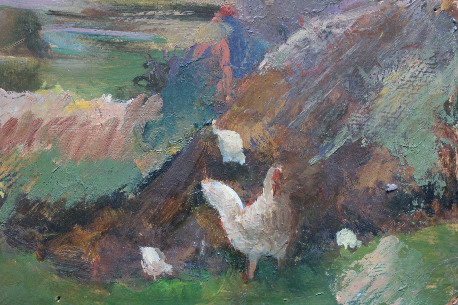 Aleksandra Belcova Behind The Barn 1950s. Oil On Cardboard. Circa 1950 photo for sale