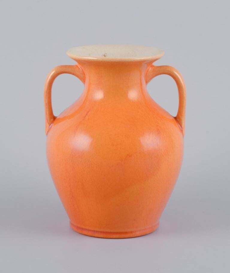 Rörstrand, Sweden, Earthenware Vase With Handles In Uranium Yellow Glaze. photo furniture