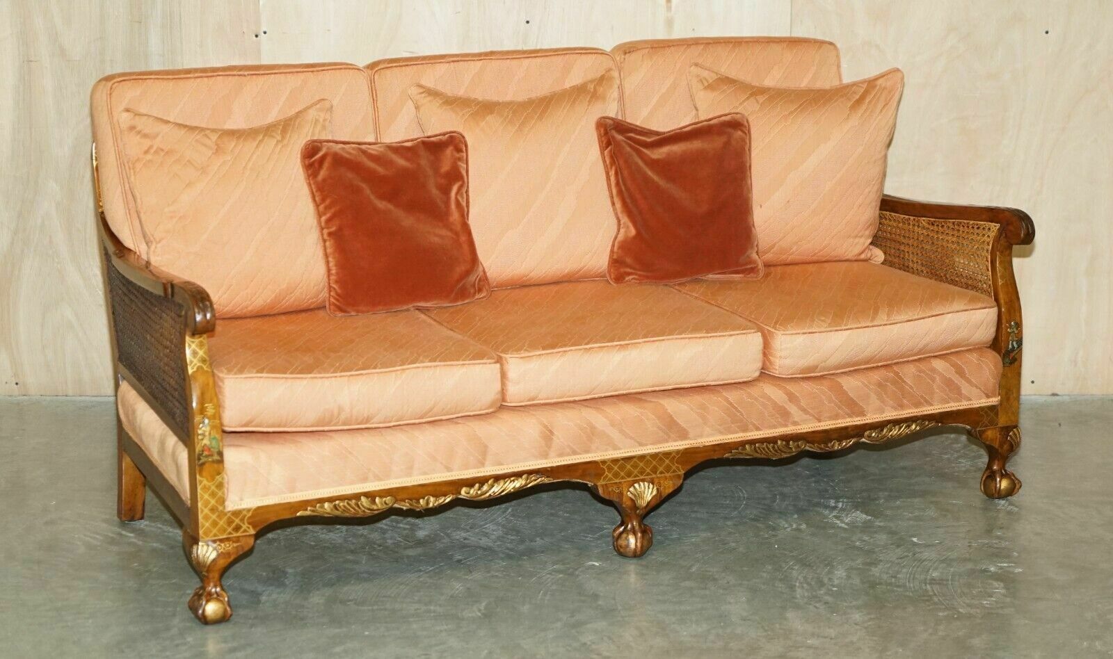 1920's Walnut & Chinoiserie 3 Piece Bergere Sofa Armchair Suite For Restoration photo for sale