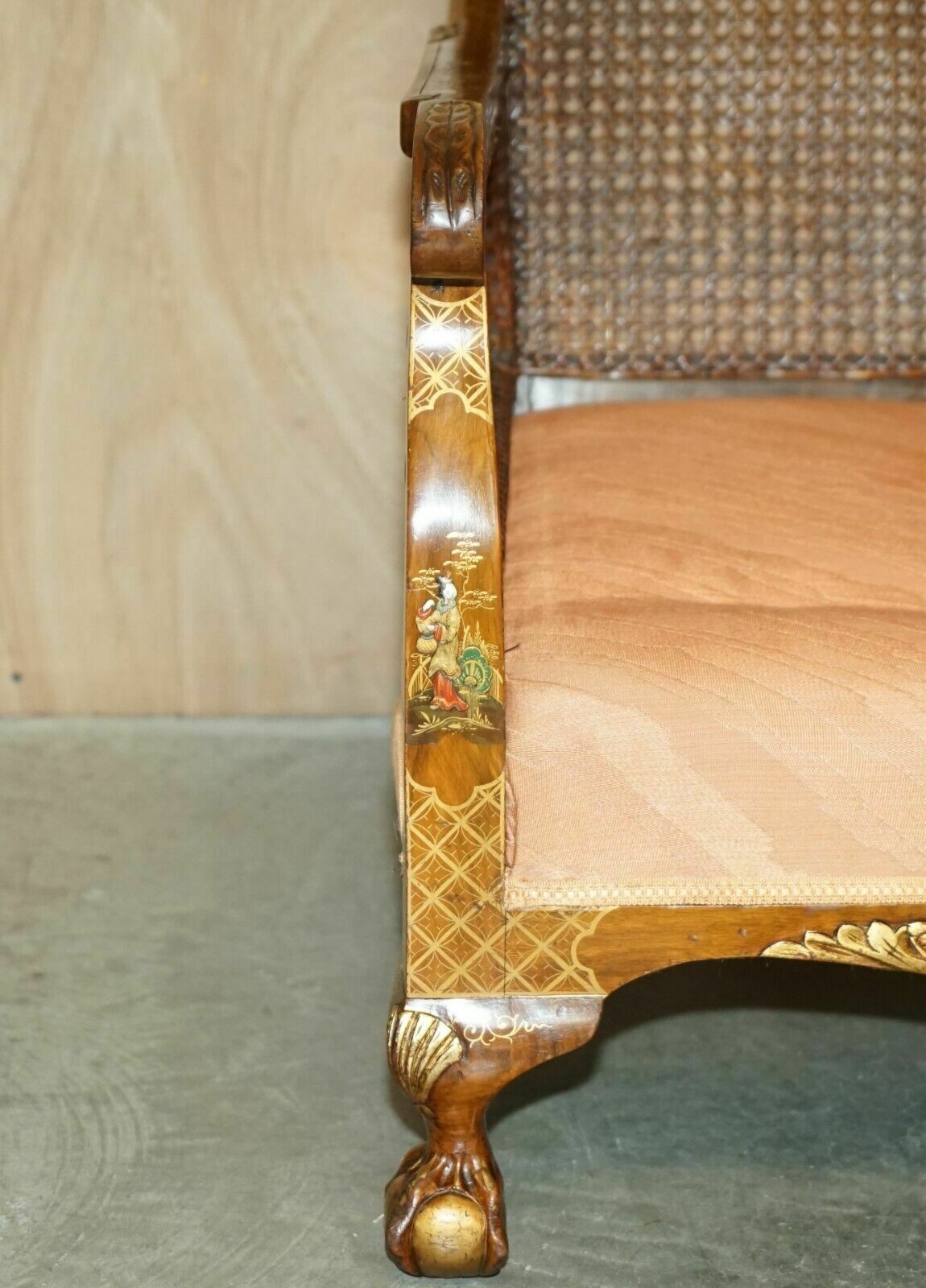 1920's Walnut & Chinoiserie 3 Piece Bergere Sofa Armchair Suite For Restoration photo vintage