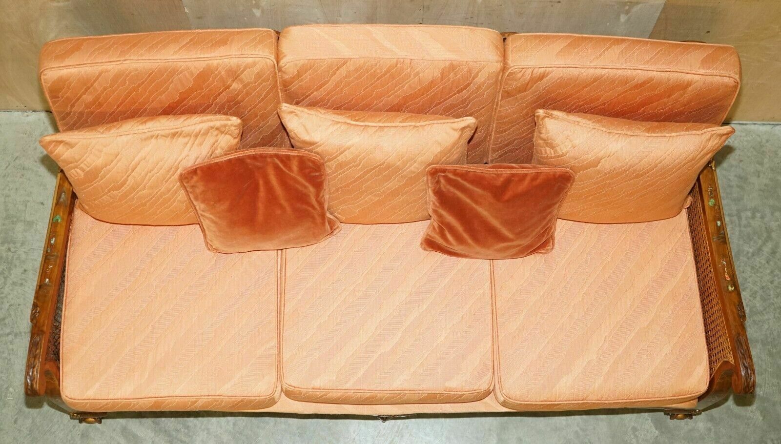 photo vinterior 1920's Walnut & Chinoiserie 3 Piece Bergere Sofa Armchair Suite For Restoration