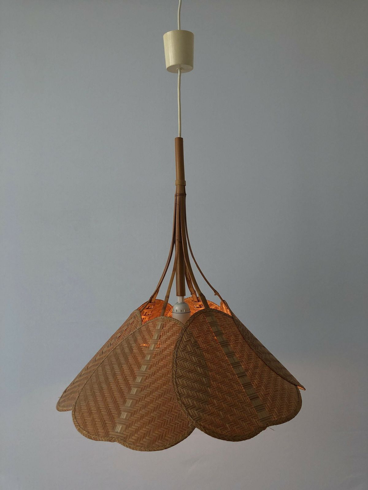 Palmate Leaf Design Wicker And Bamboo Beautiful Pendant Lamp, 1960s, Germany photo furniture