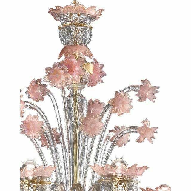 Early 21st Century Venetian Gold And Pink Floral Murano Glass Chandelier photo Lighting