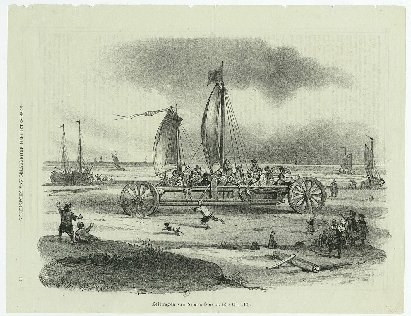 Antique Print Of The Sailing Wagon Of Simon Stevin