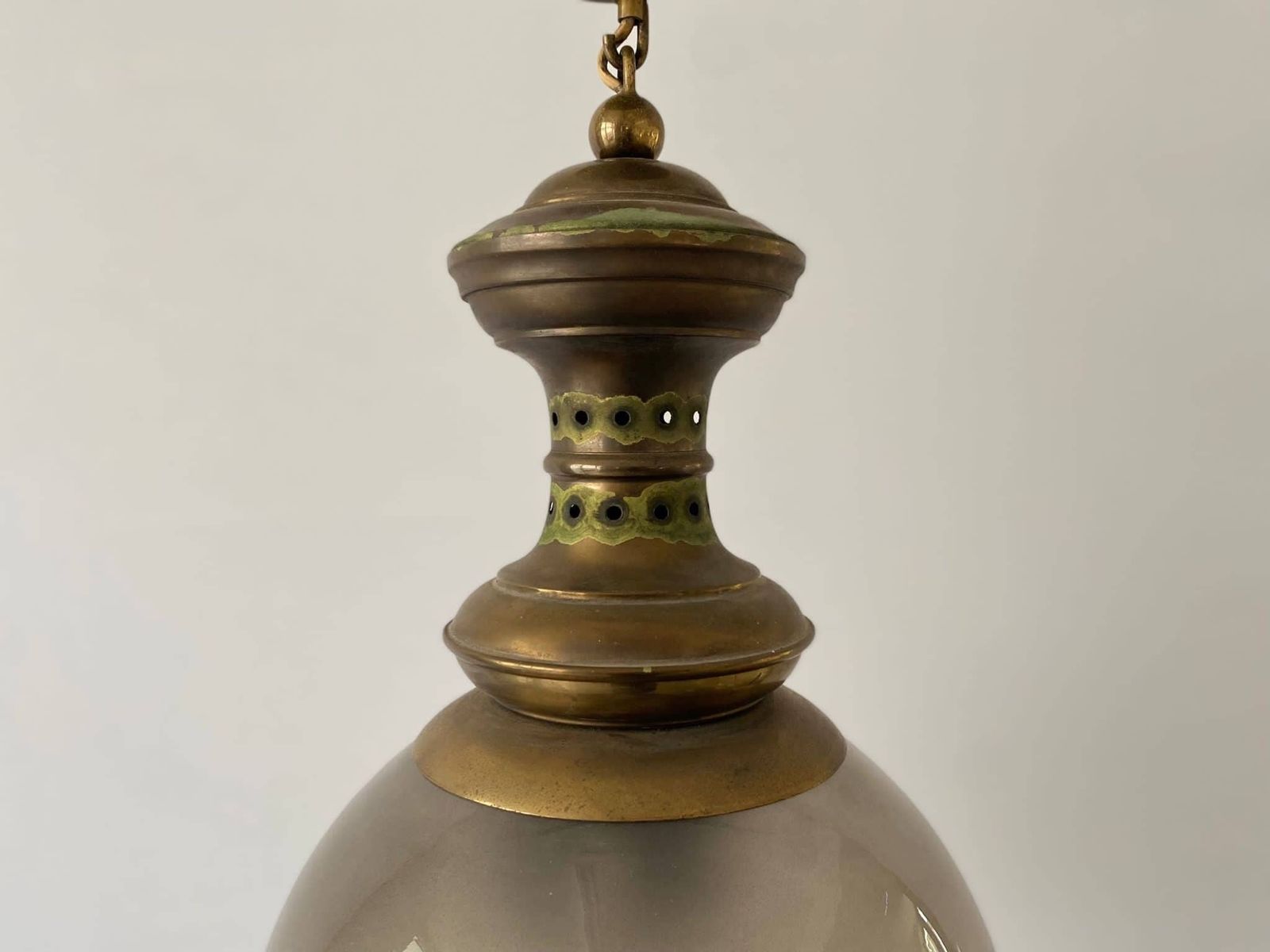 Extraordinary Smoked Glass & Brass With Green Patina Ceiling Lamp By Luigi Caccia Dominioni For Azucena, 1950s, Italy photo buy