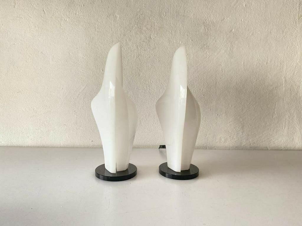 Italian Flower Design White Plexiglass Wonderful Pair Of Table Lamps, 1970s, Italy photo vinterior