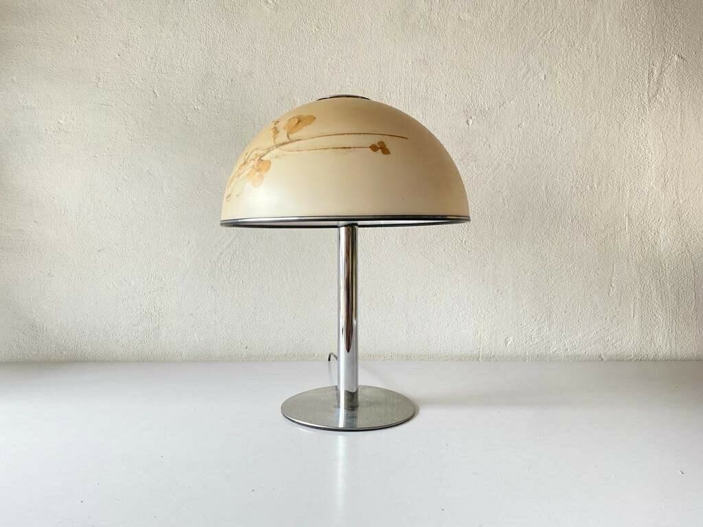 Large Plastic Shade With Flower Ornaments And Chrome Body Very Rare Table Lamp, 1970s, Germany
