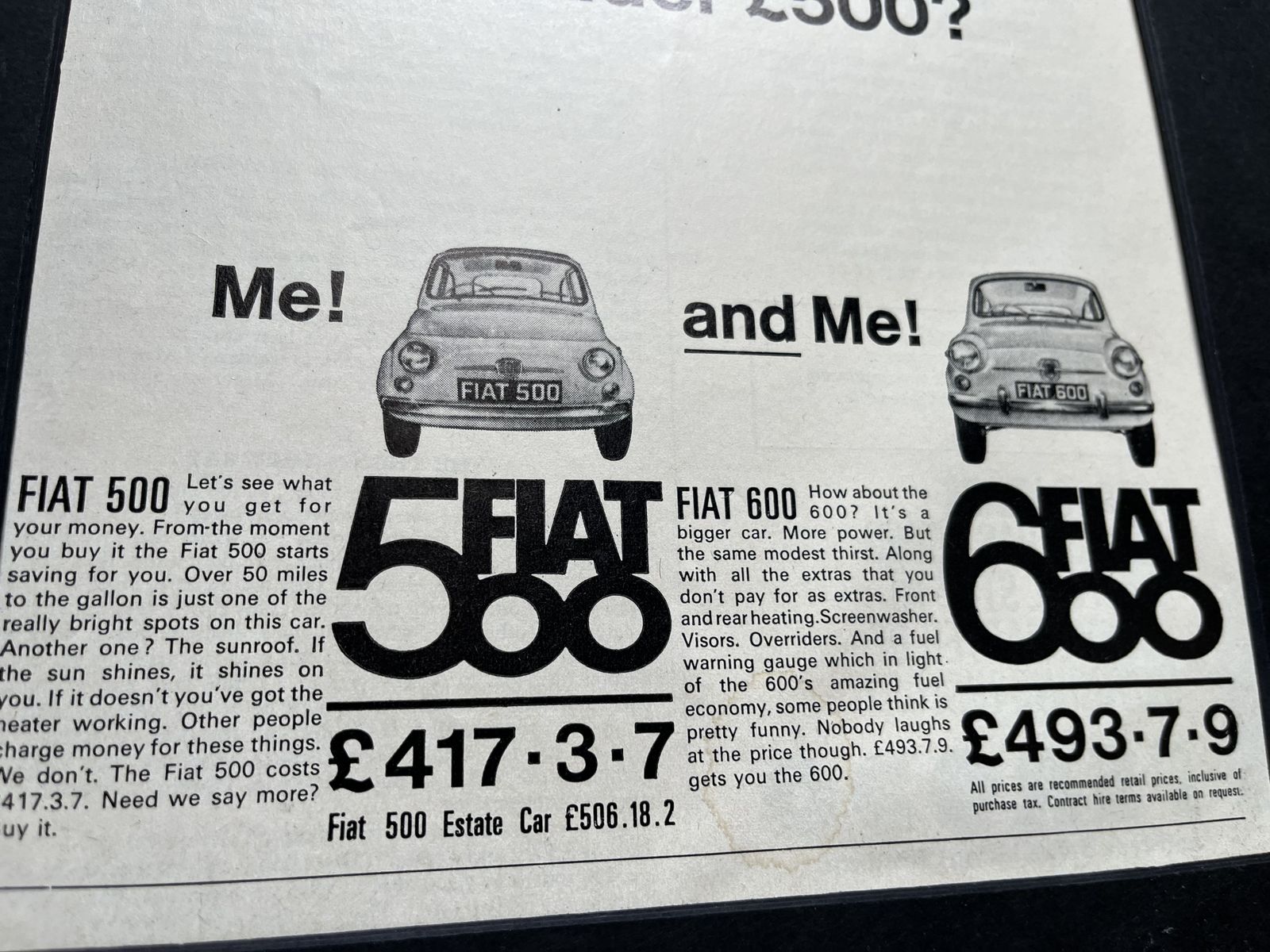 Vintage Fiat 500/600 Original Advertisement 1967 photo Art