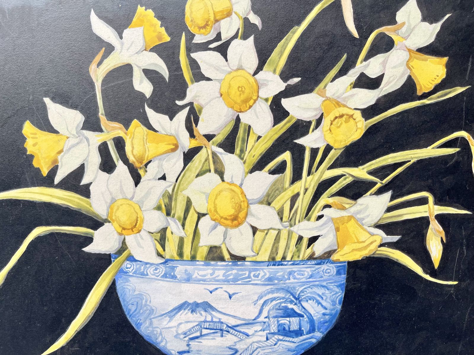 Spring Still Life Watercolour Painting Of Daffodils With Black Frame photo furniture