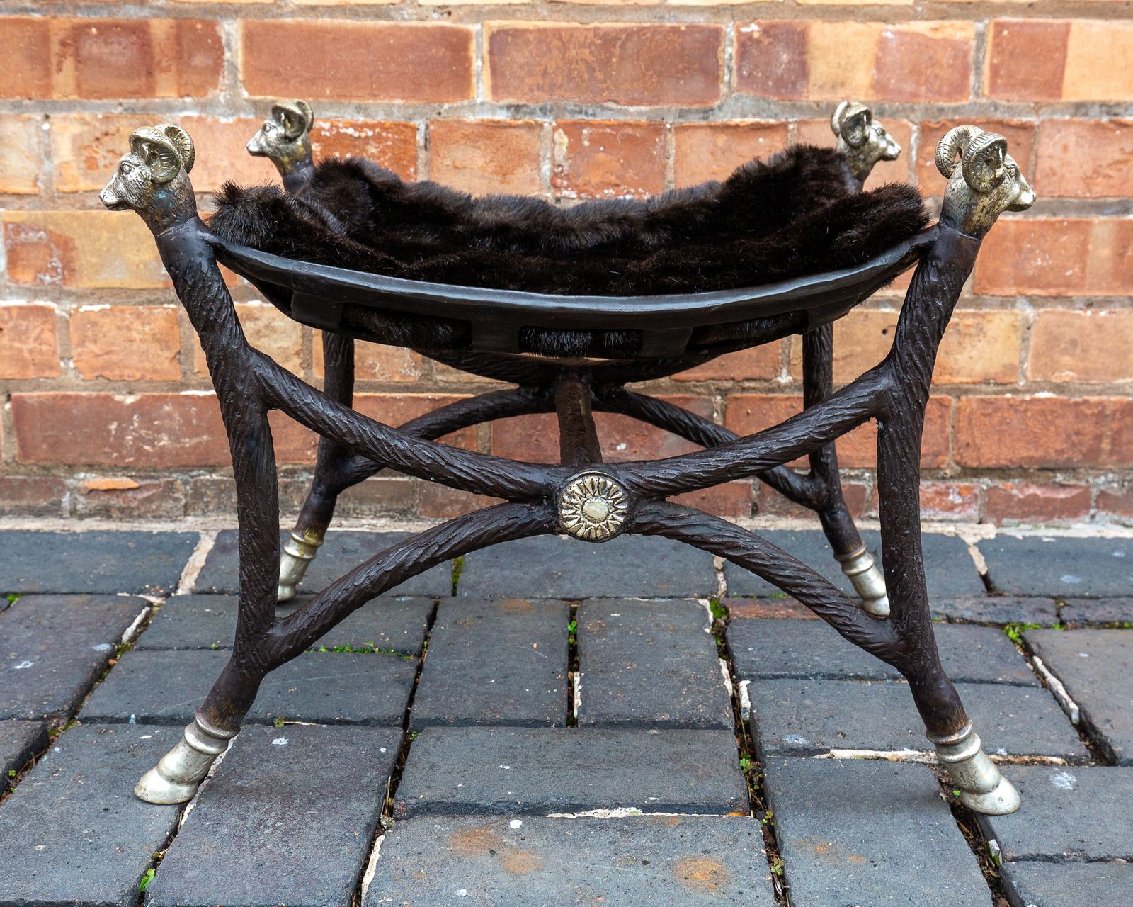 Hollywood Regency Bronze Footstool Ottoman Rams Head Rams Hooves Pouf Maison Jansen Style Country House Classical Curule Savonarola photo for sale