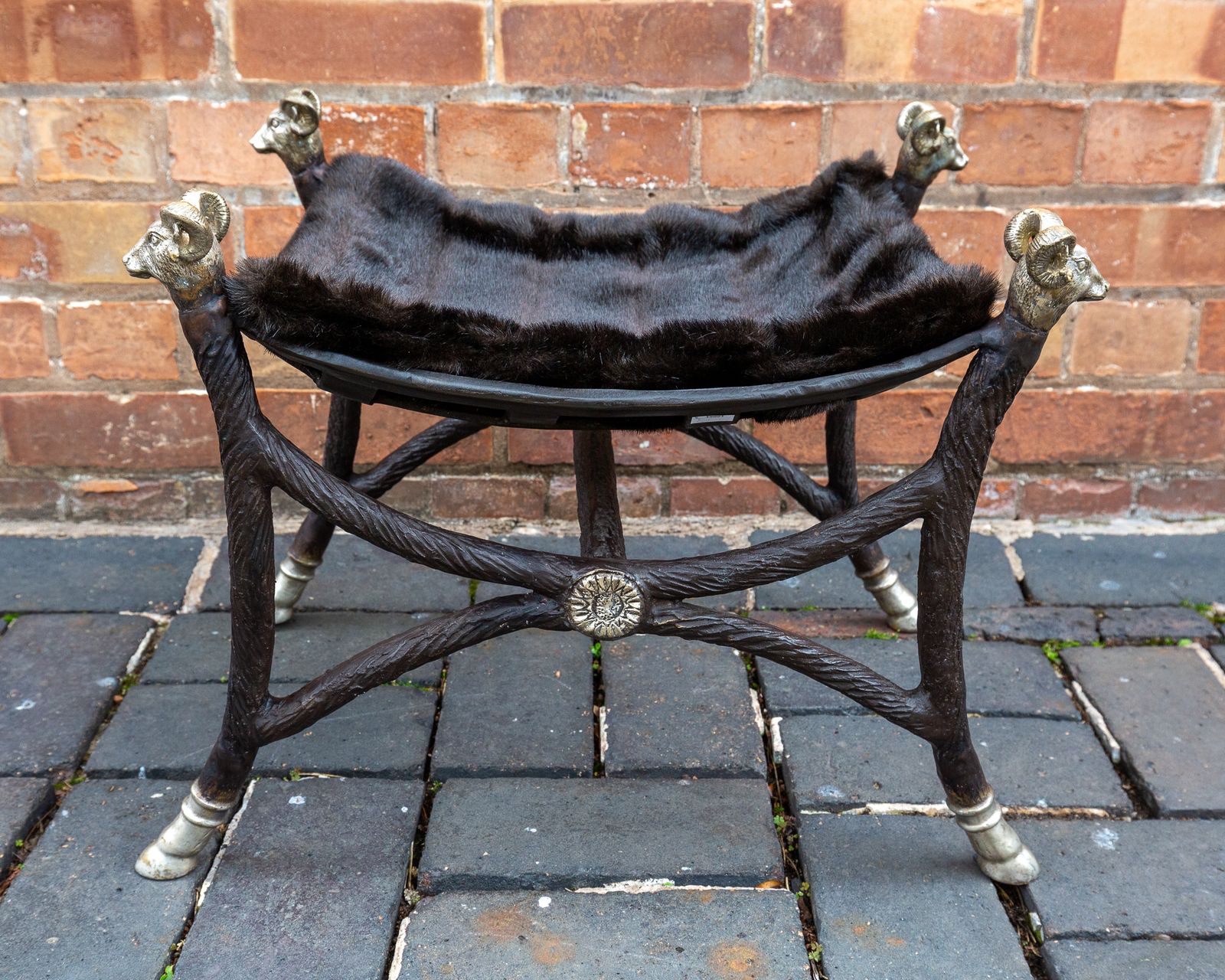 Hollywood Regency Bronze Footstool Ottoman Rams Head Rams Hooves Pouf Maison Jansen Style Country House Classical Curule Savonarola