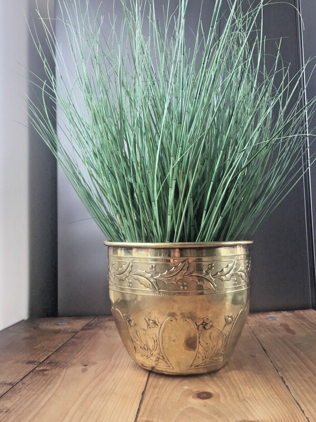 Antique Floral Aesthetic Movement Leaf Berry Floral Brass Planter Plant Tree Pot photo furniture