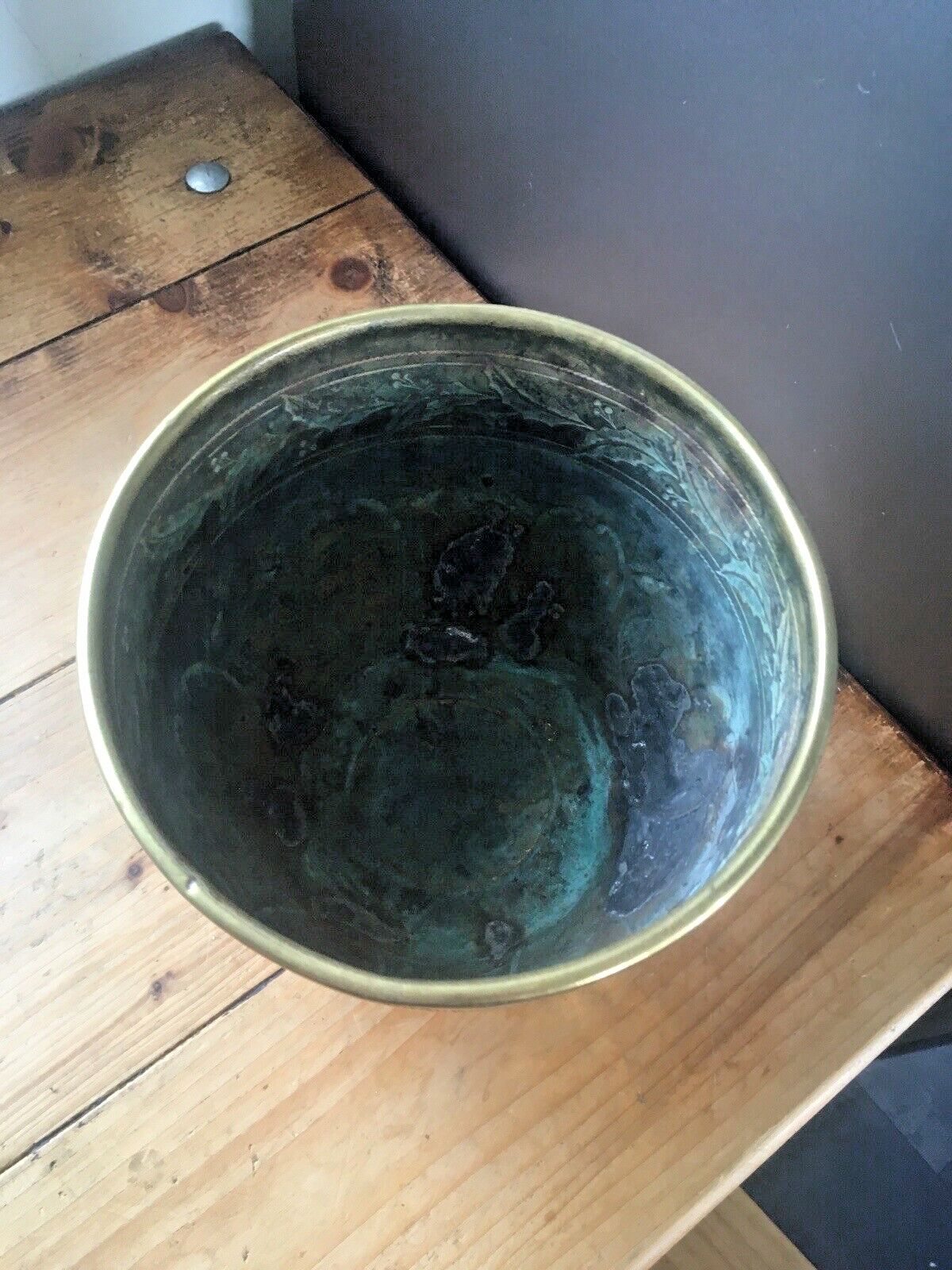 Home Decor Antique Floral Aesthetic Movement Leaf Berry Floral Brass Planter Plant Tree Pot photo
