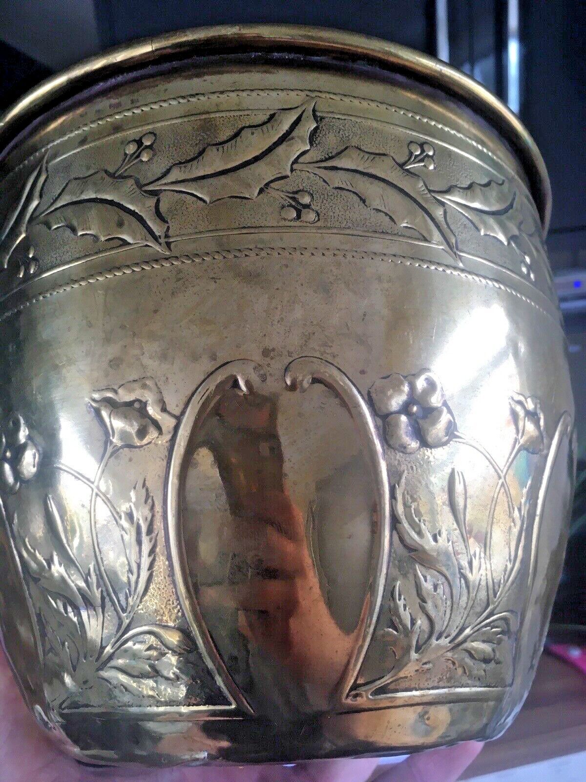 photo vinterior Antique Floral Aesthetic Movement Leaf Berry Floral Brass Planter Plant Tree Pot