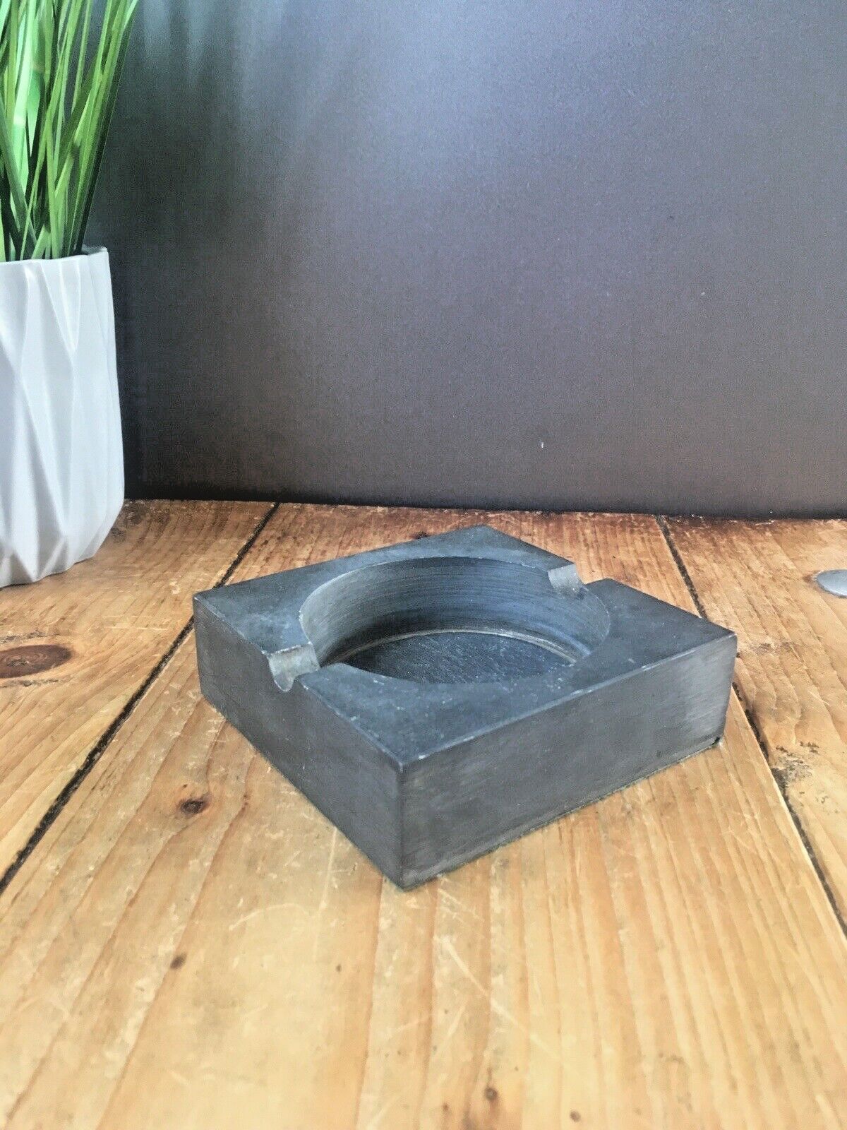 Vintage Art Deco Style Welsh Folk Art Crafted Slate Ashtray Geometric Antique