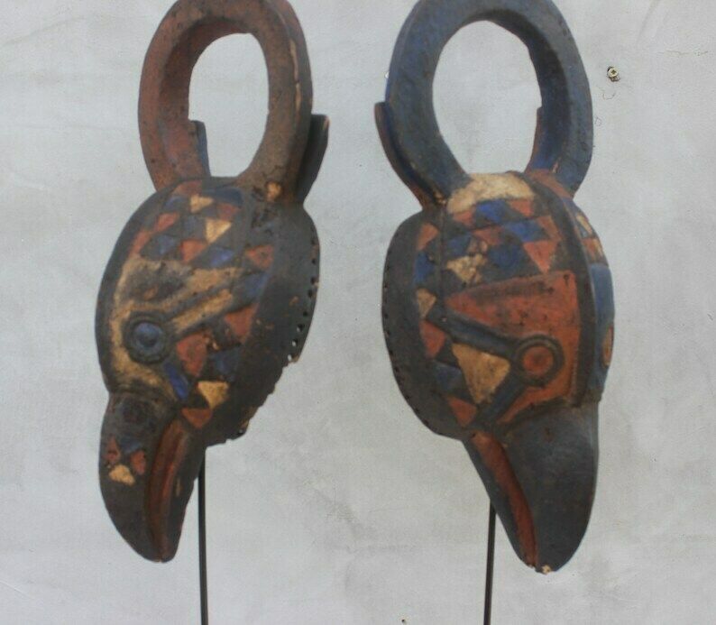 A Pair African Masks Mossi Birds, Two Tribal Masks From Exotic Wood Burkina Faso, Early 20th Century photo for sale