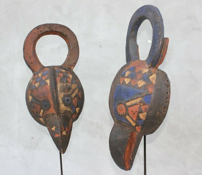 A Pair African Masks Mossi Birds, Two Tribal Masks From Exotic Wood Burkina Faso, Early 20th Century photo vinterior
