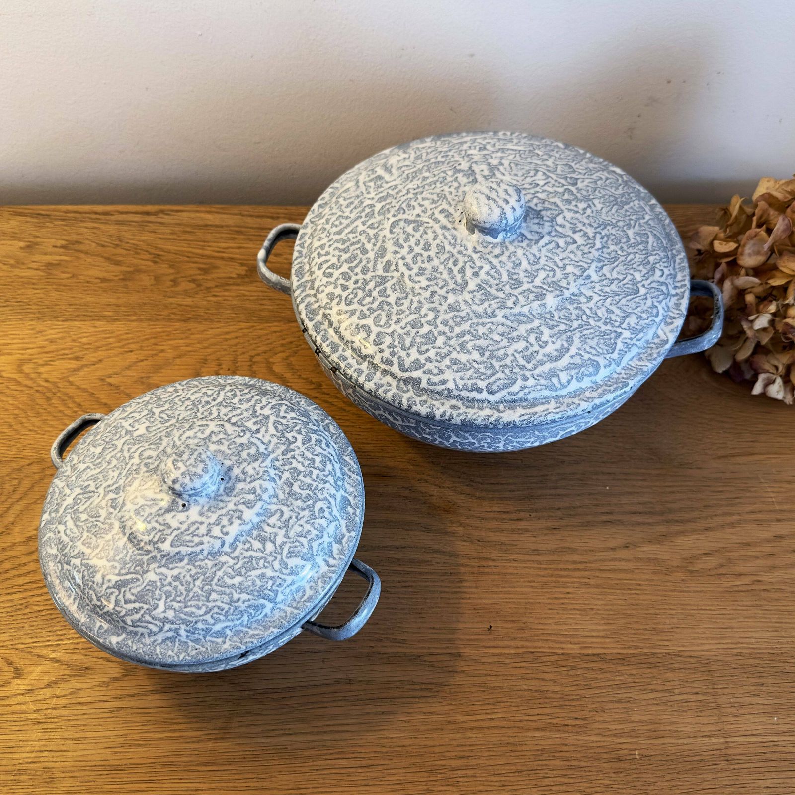 Pair Of French Vintage Blue Mottled Enamel Serving Bowls photo furniture