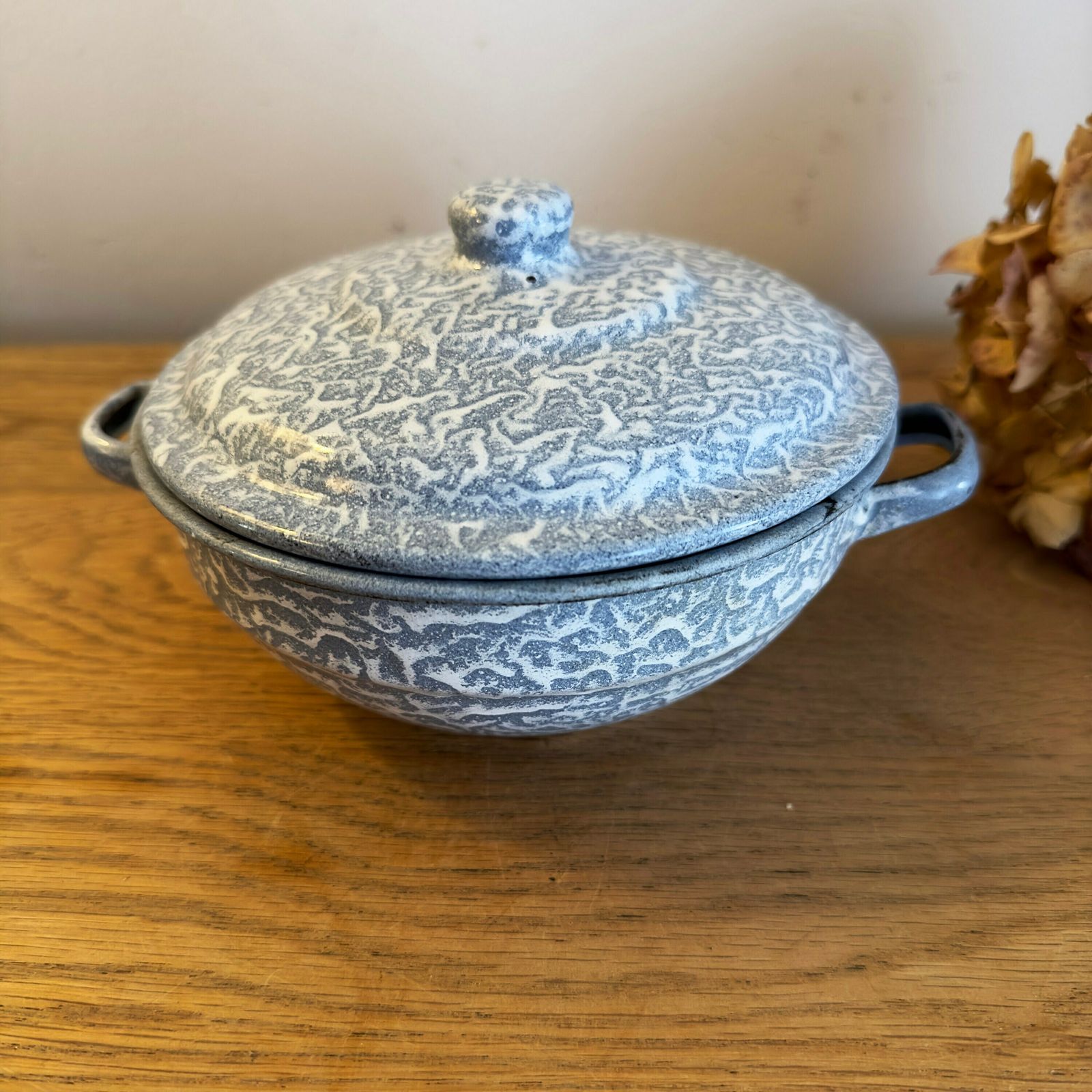 Pair Of French Vintage Blue Mottled Enamel Serving Bowls photo vintage