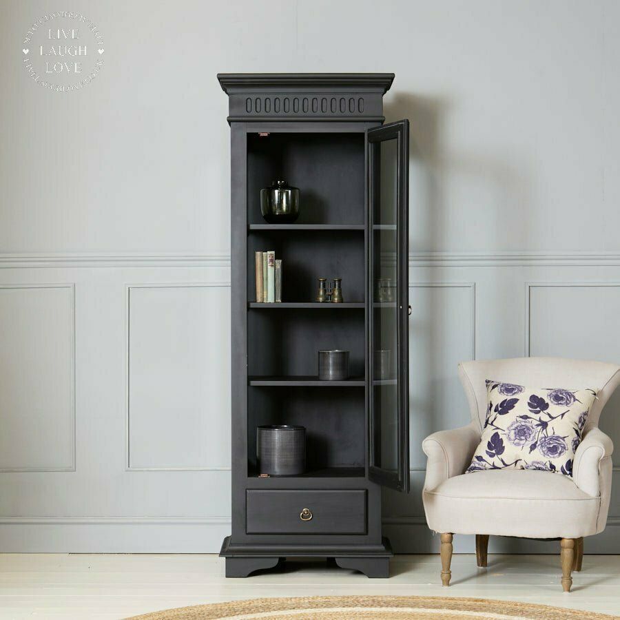Black Painted Wooden Display Cabinet With Drawer photo furniture