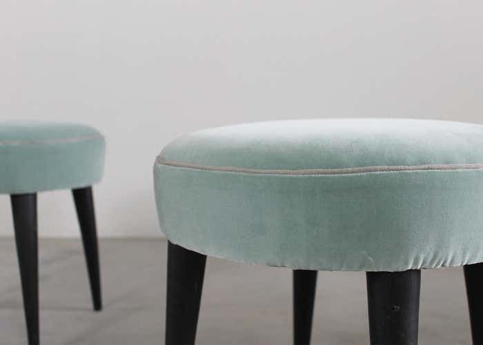 Gio Ponti (Attribuited To) Set Of Two Low Stools In Black Lacquered Wood And Fabric 1950s Italy photo for sale