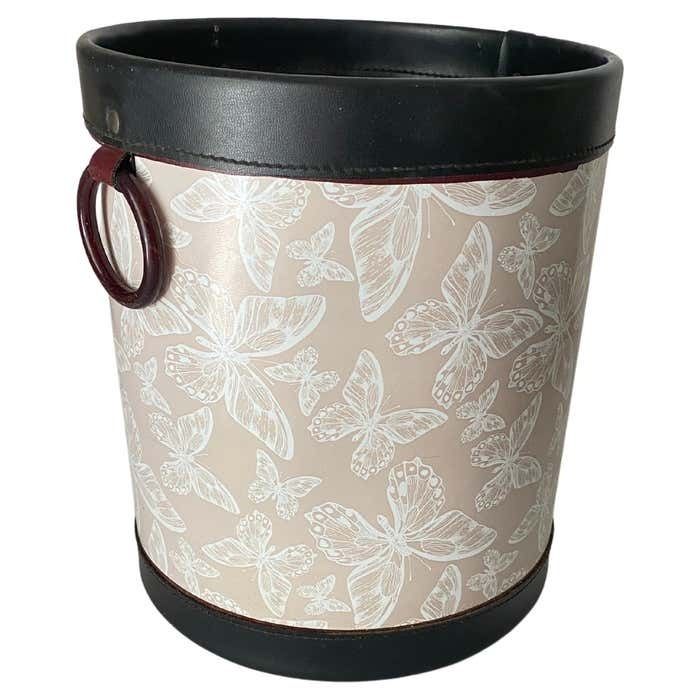 Faux Leather Basket Or Trash Can, Circa 1970 Black And Grey Color Made In Italy