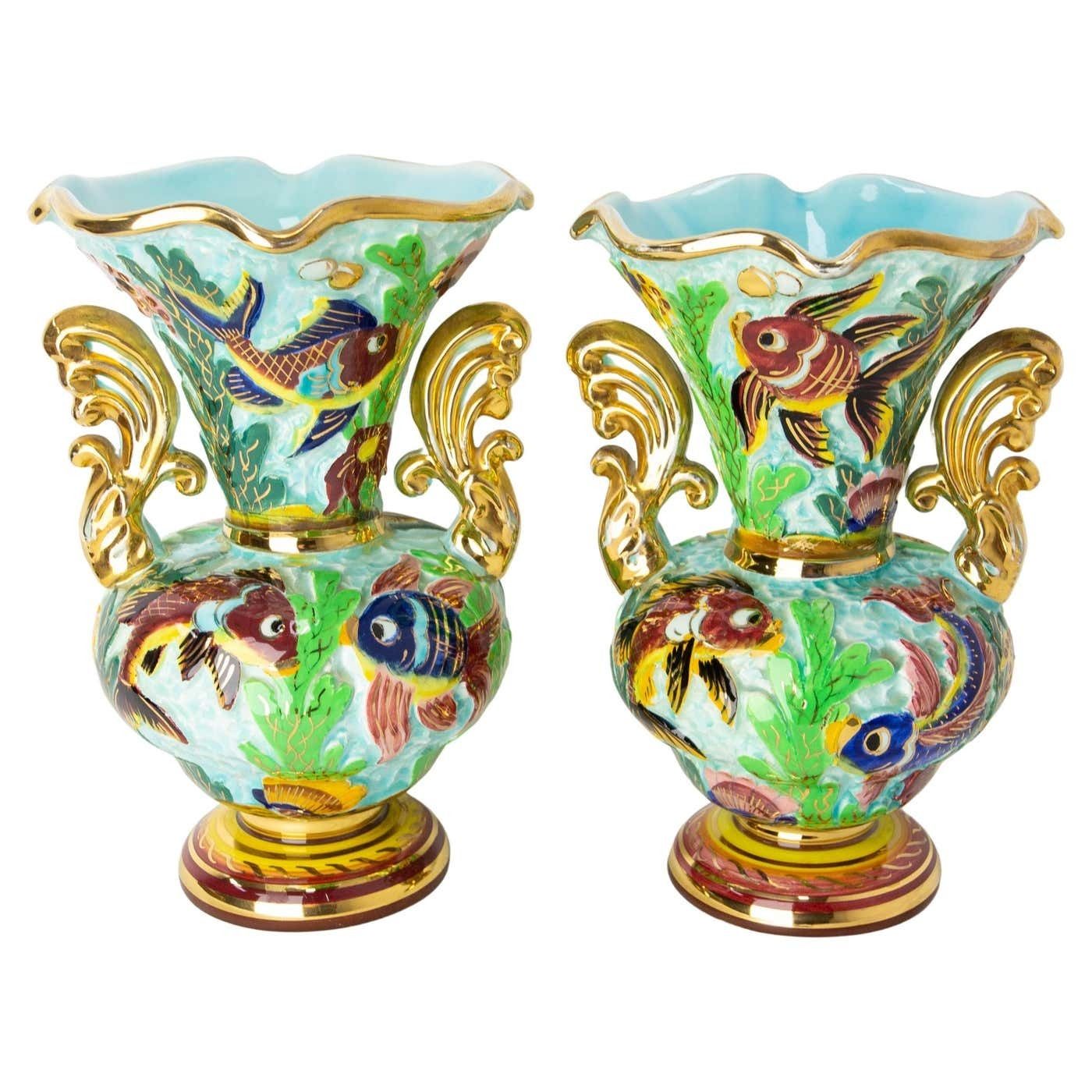 Monaco Ceramic Pair Of Vases With Sea Decoration Mid Century French