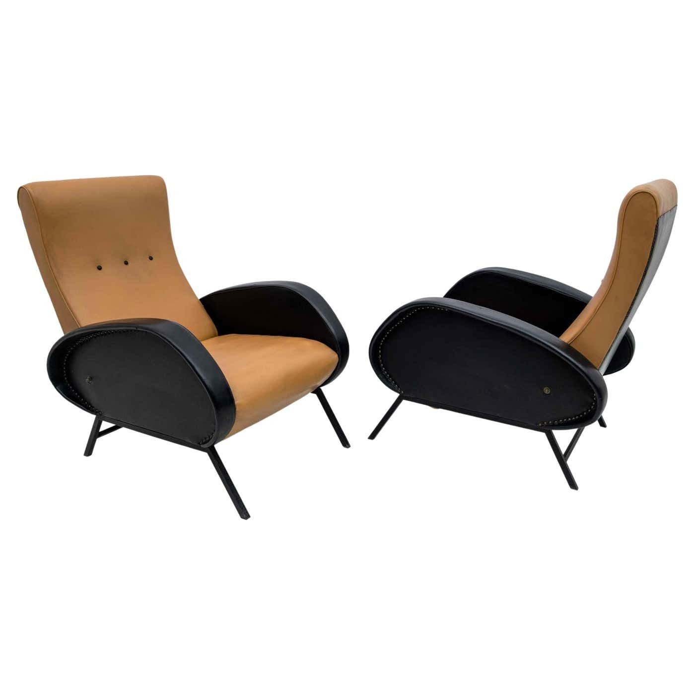Pair Of Marco Zanuso Mid Century Modern Italian Leather Reclining Armchairs, 50s