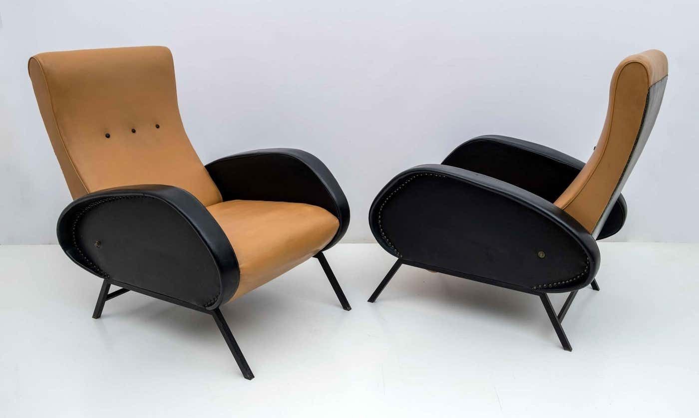 Pair Of Marco Zanuso Mid Century Modern Italian Leather Reclining Armchairs, 50s photo furniture