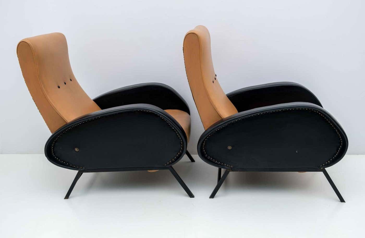 Pair Of Marco Zanuso Mid Century Modern Italian Leather Reclining Armchairs, 50s photo buy