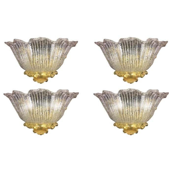 Set Four Sconces Gold Inclusions Barovier & Toso Style, Murano, 1980