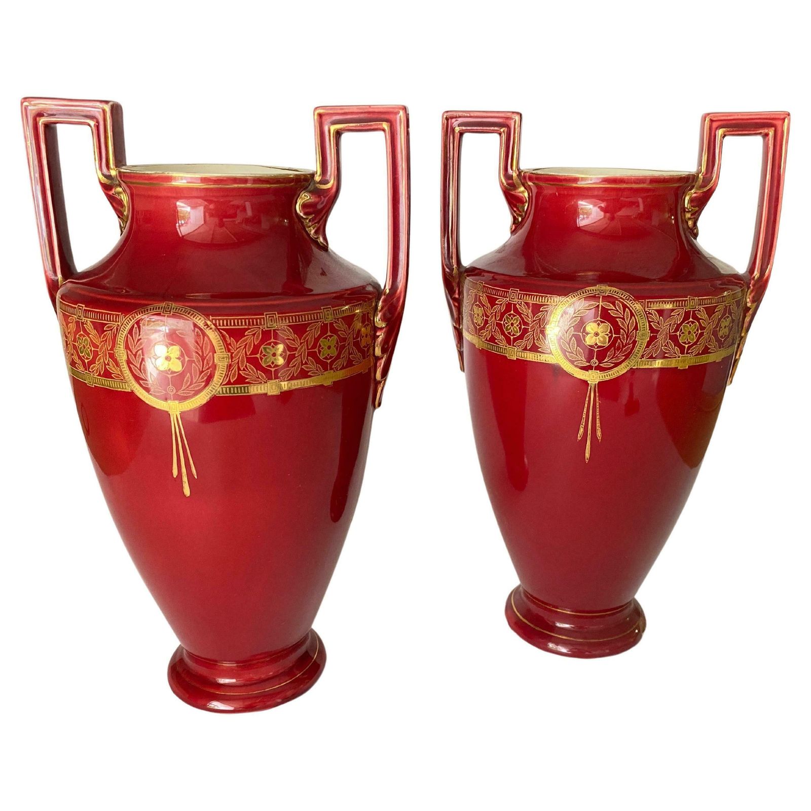 Pair Of Red Cobalt Urns Vase With Ceramic Handles And Gilted Decorations