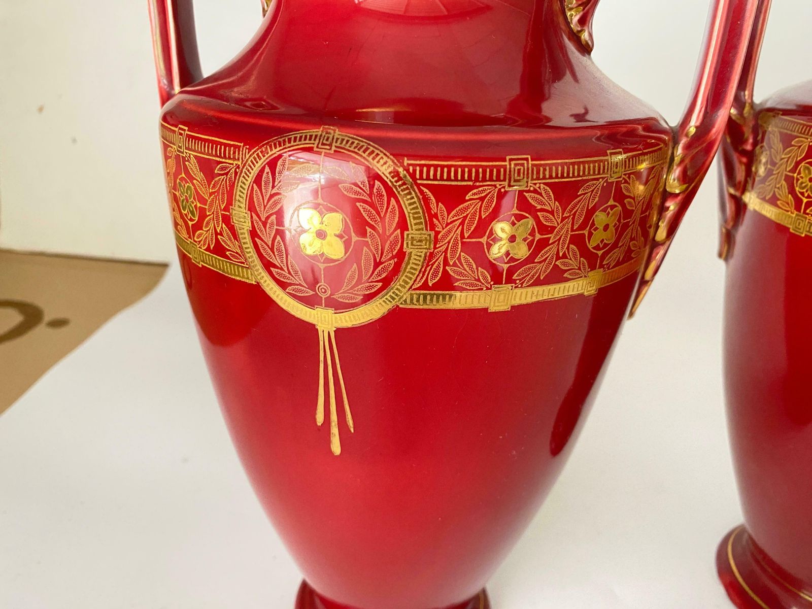 Pair Of Red Cobalt Urns Vase With Ceramic Handles And Gilted Decorations photo vintage