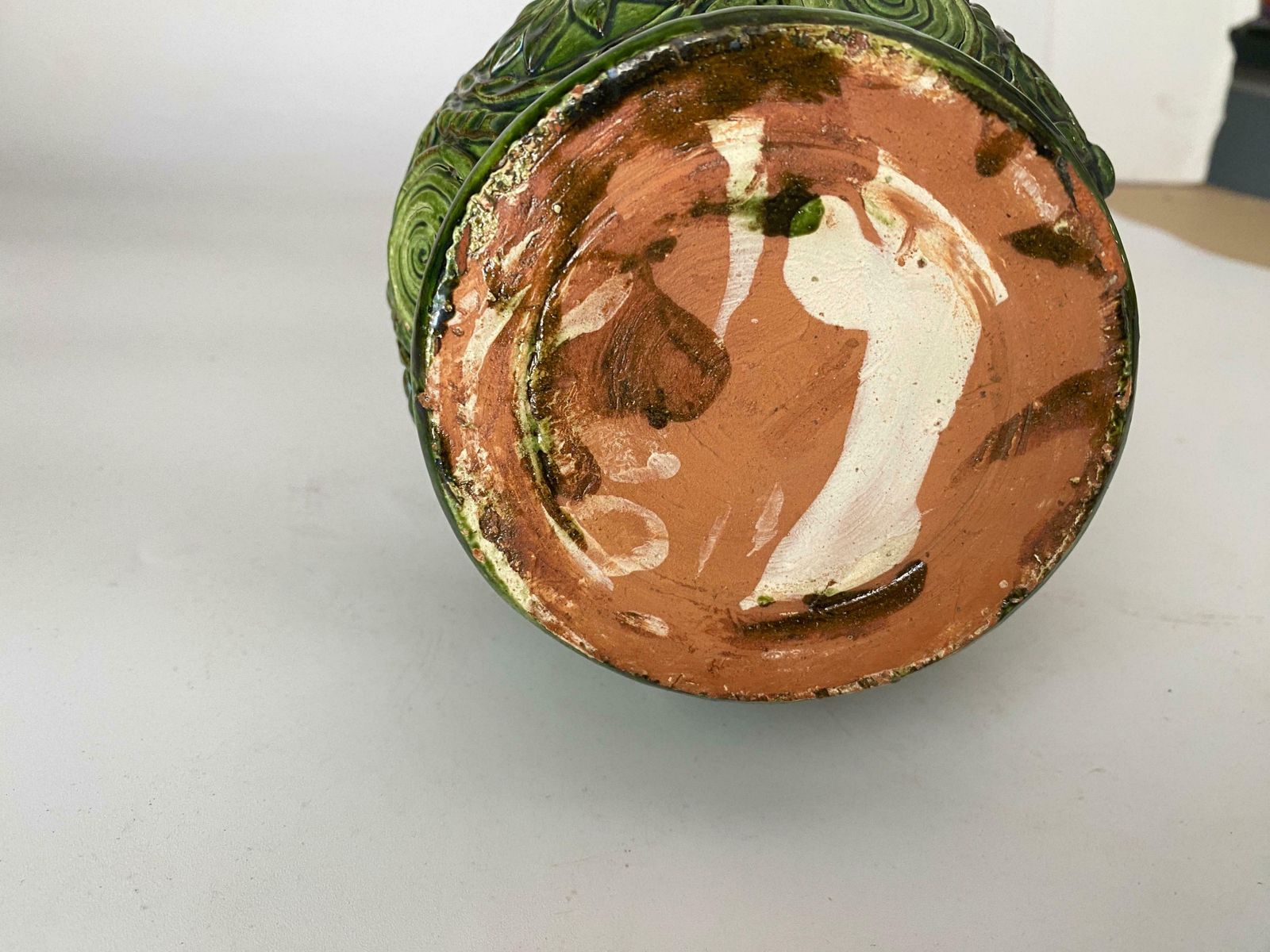 Pot Or Box 19th Century Majolica France Ceramic Green With An Circular Handle photo 285.0