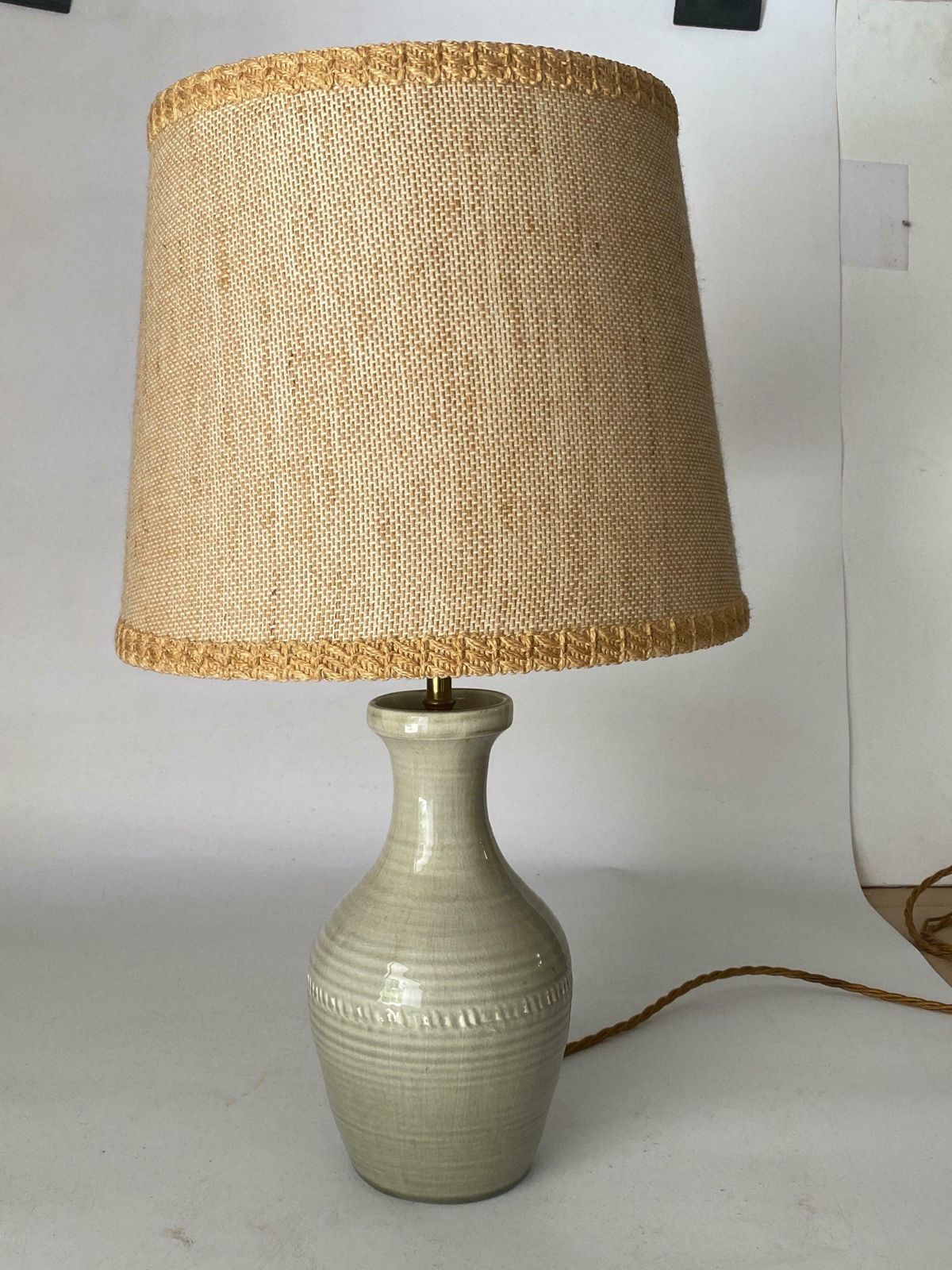 photo furniture Ceramic Lamp In Crackled Green Color France 1960