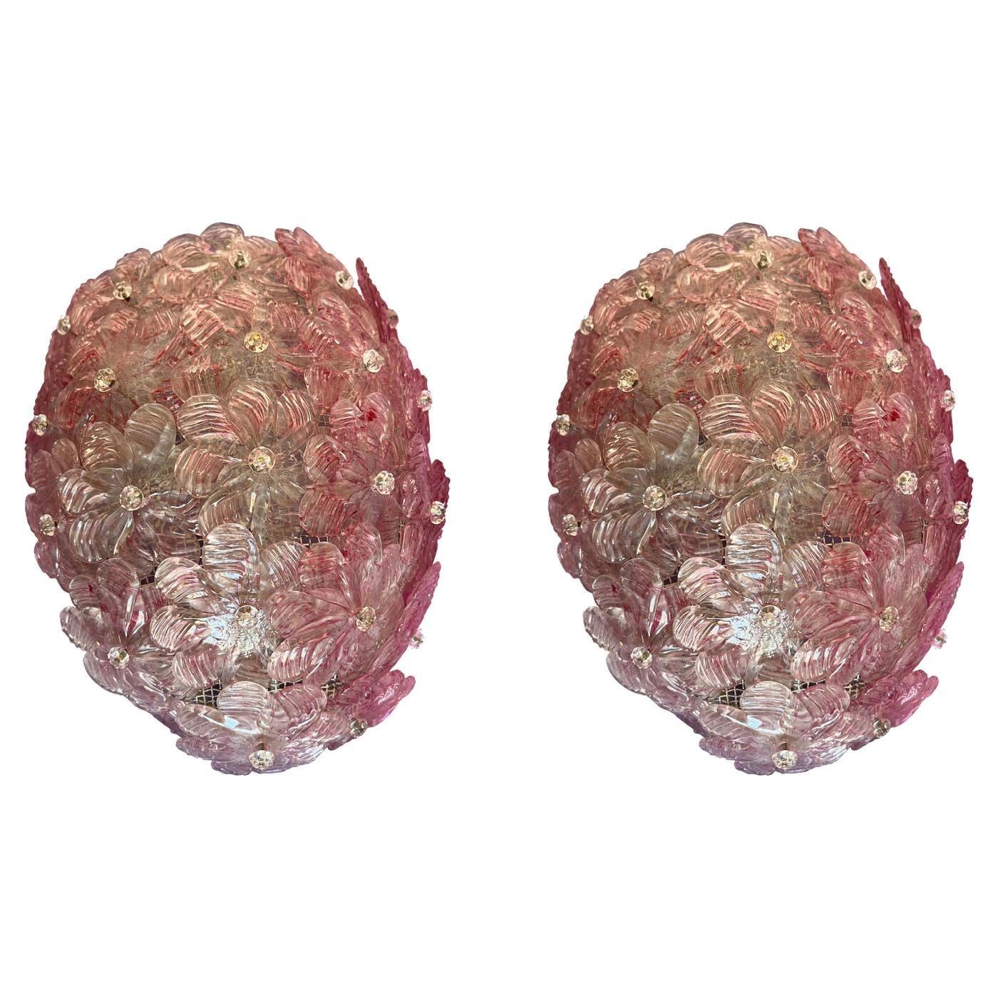 Pair Of Venetian Glass Rose Wall Lamps , Murano, 1980s