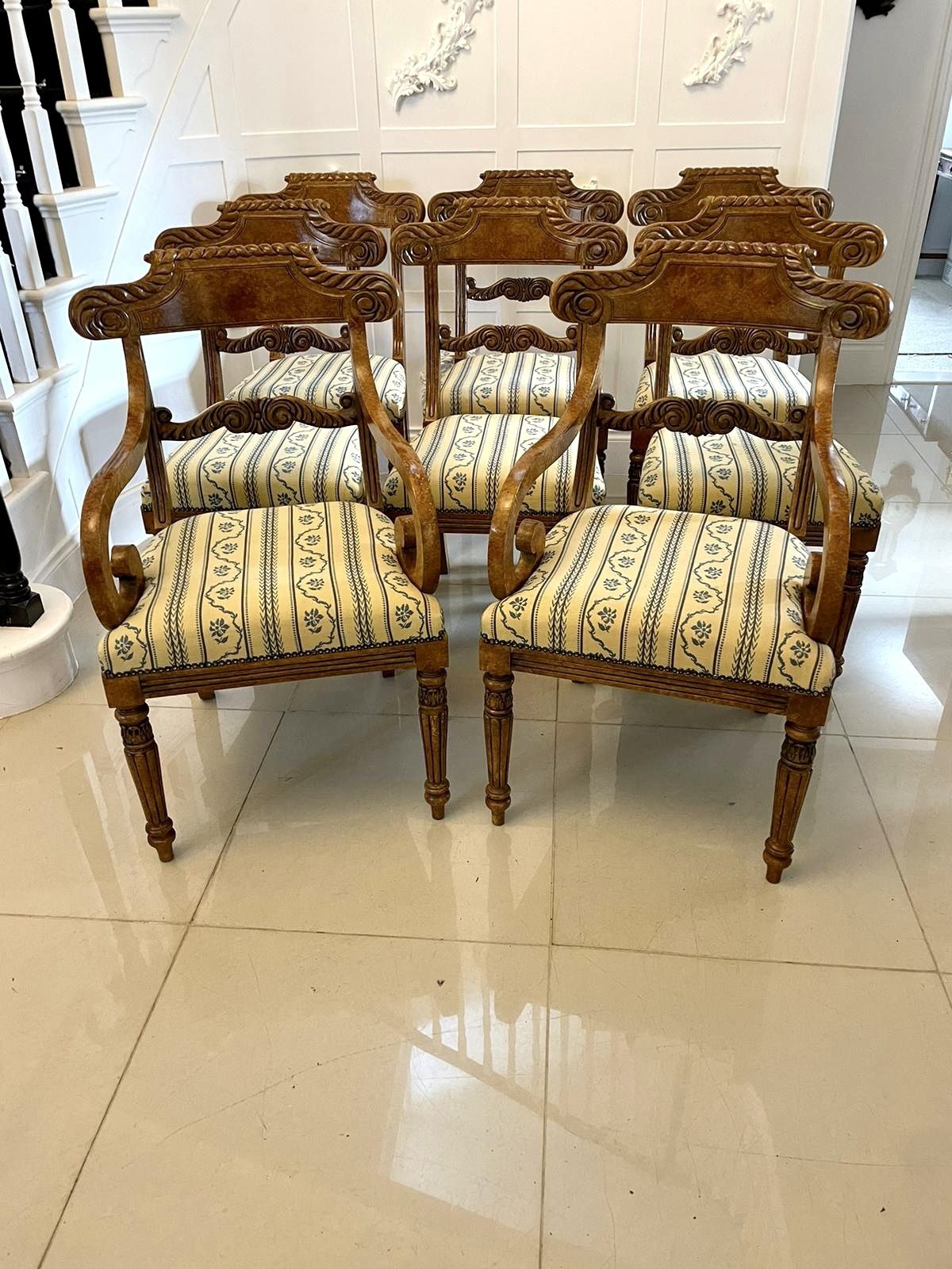 Unusual Set Of 8 Quality Antique Decorated Faux Birds Eye Maple Dining Chairs