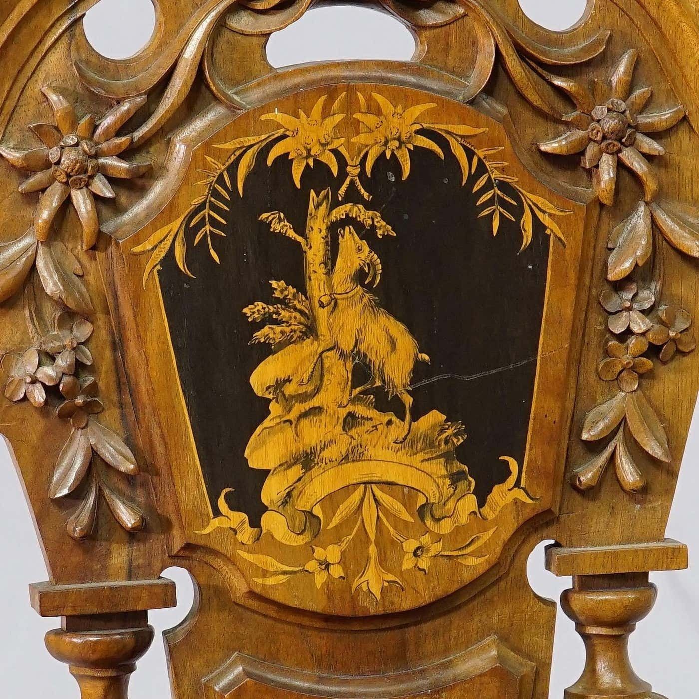 photo furniture Nutwood Edelweis Marquetry Chair Swiss Brienz 1900