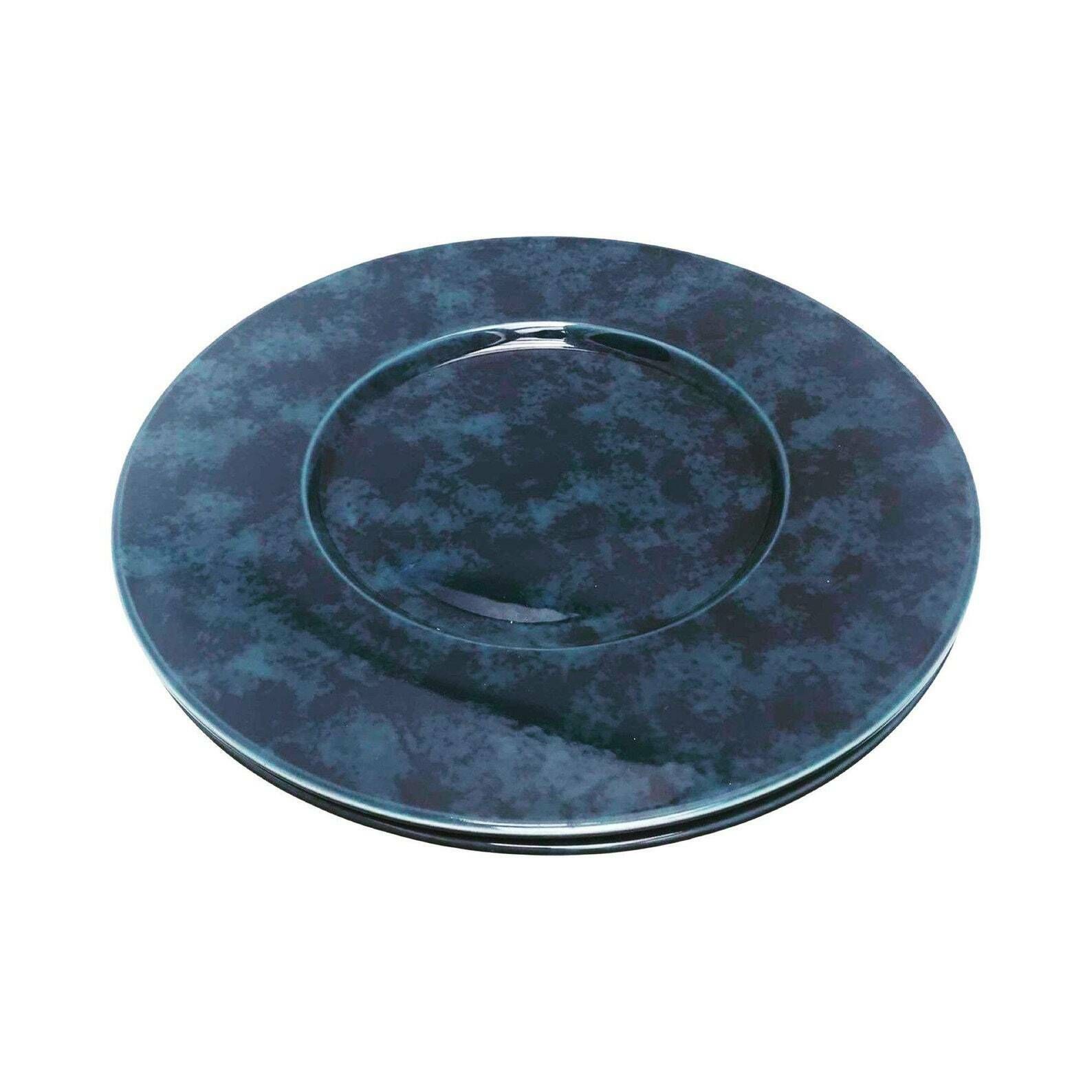 Set Van 2 Christofle Onderborden – Blauw Gemarmerd Porselein, Grote Presentatieborden Met Blauwe Accenten