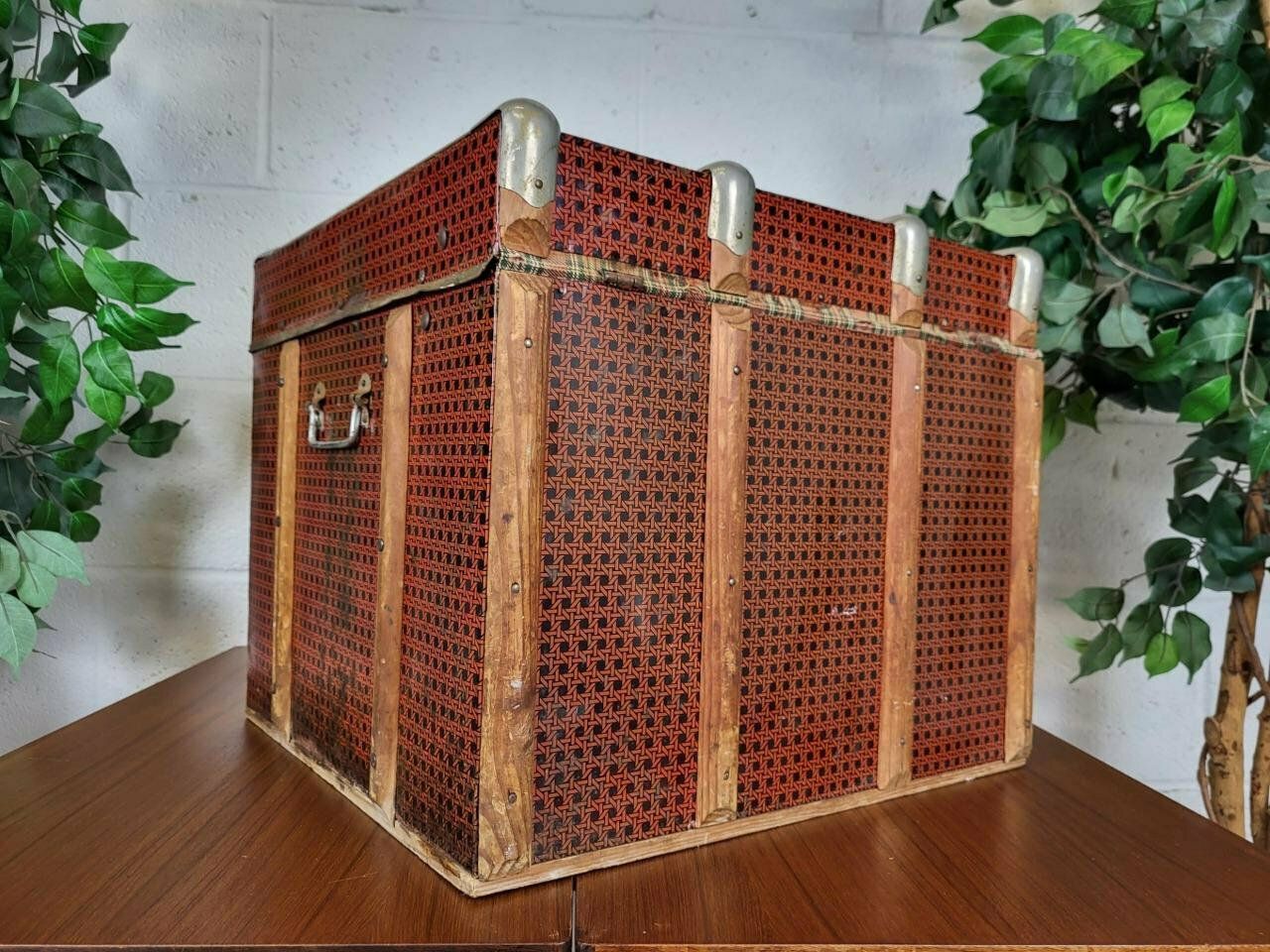 Antique Vintage 1900's Red Faux Bamboo Tin And Wood Chest Steamer Trunk photo vinterior