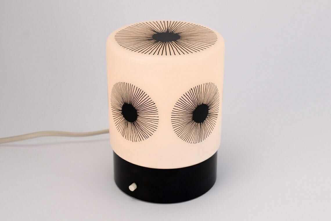 Atomic Age Dandelion Table Light By Erco Leuchten Vintage | Mid Century Modern Rare Accent Lamp Glass Black White Bakelite | Bedside 1970s photo vinterior
