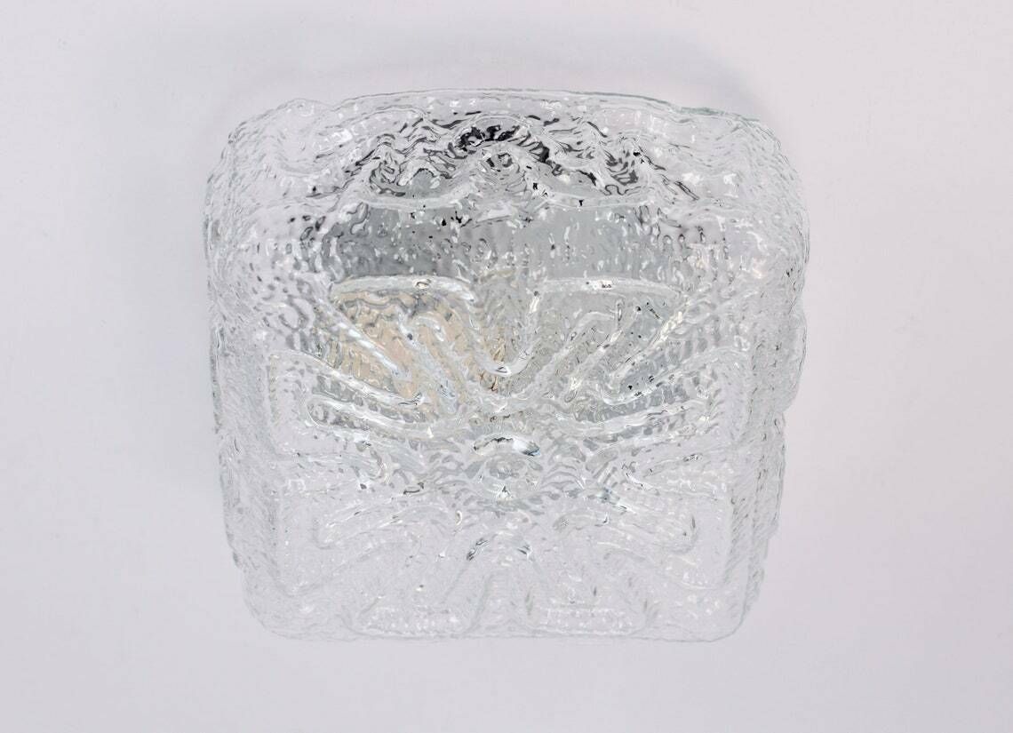 1960s Flush Mount Glass | Mid Century Modern Ceiling Lamp Vintage | Ice Glass Light Sixties Flower Floral Wall Sconce | Retro Brutalist photo Lighting