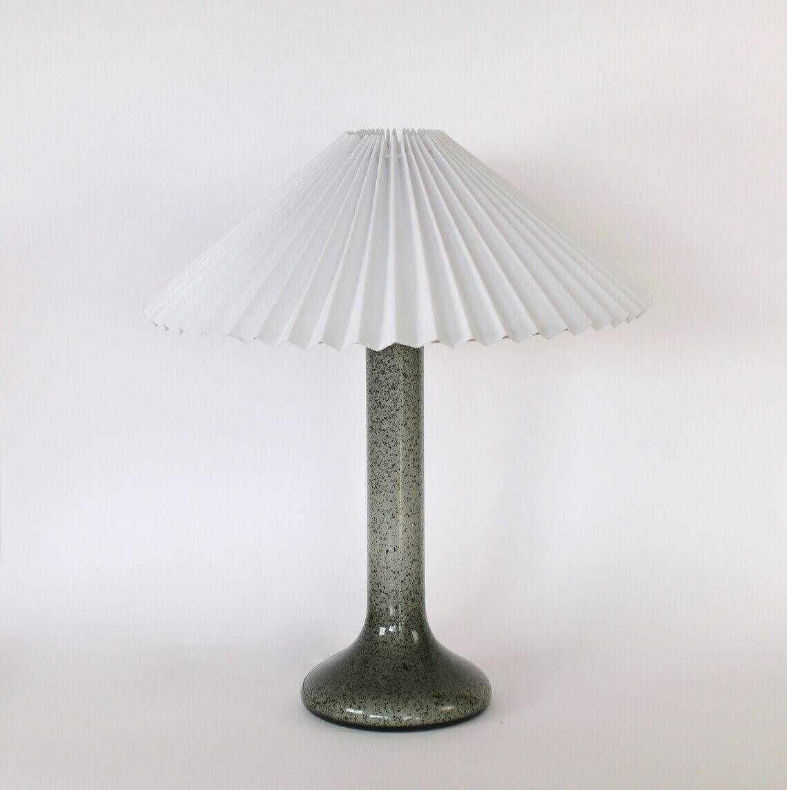 Mid Century Modern Scandinavian Glass Table Lamp | Le Klint Holmegaard Era Accent Light Pleated Shade | Vintage Danish Gray Black Retro 1960 photo for sale