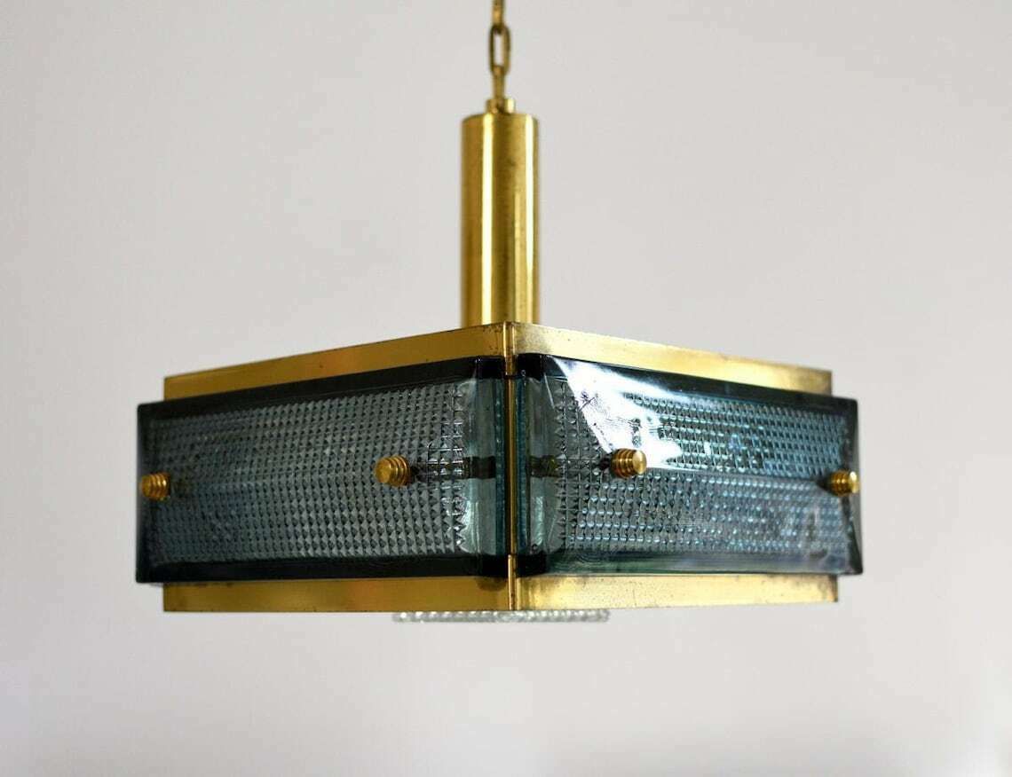 Mid Century Malmö Metallvarufabrik Hanglamp Messing En Glas | Vintage Geperst Glas Orrefors Fagerlund Scandinavisch Modernistisch photo vintage
