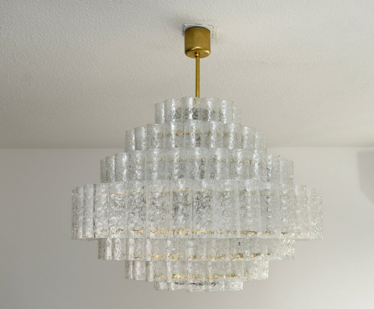 photo for sale Mid Century 7 Tier Chandelier By Doria Leuchten Germany | Vintage Murano Ice Glass Ballroom Chandelier | Glashutte Limburg Pendant Crystal