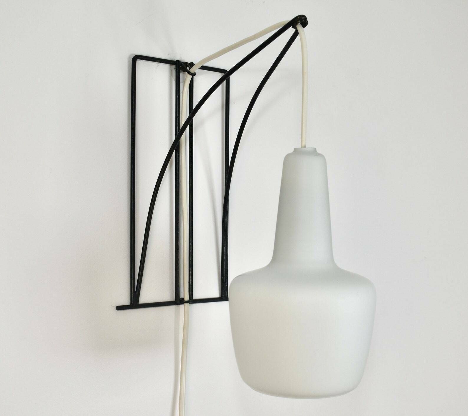Modernist Wall Sconce Wire Metal Glass | Vintage Mid Century Modern Lamp Light Satined Milk Glass Black | Philips Louis Kalff Dutch Design photo Lighting