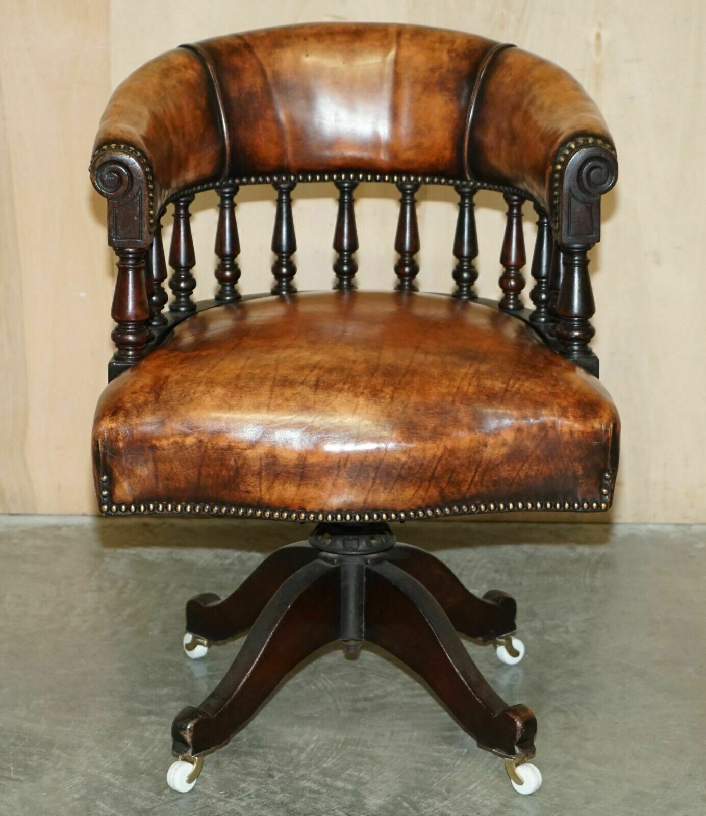 Restored Brown Leather William IV 1830 Mahogany Chesterfield Captains Armchair photo furniture